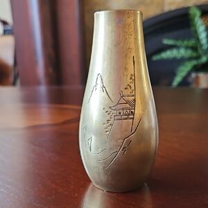 Etched Brass Bud Vase with Scenic Asian Landscape Etching